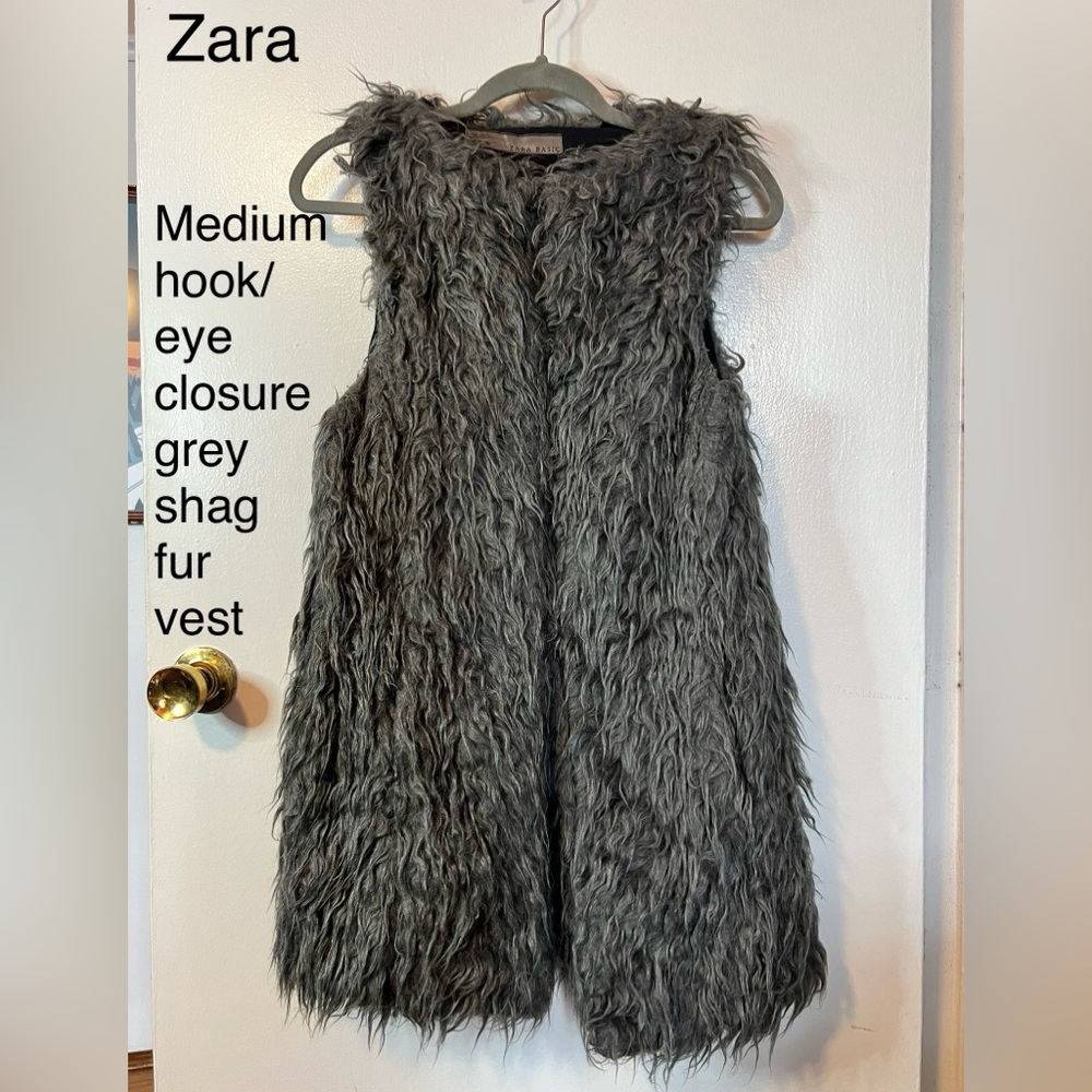Zara Basics hook & eye closure grey shag faux fur vest